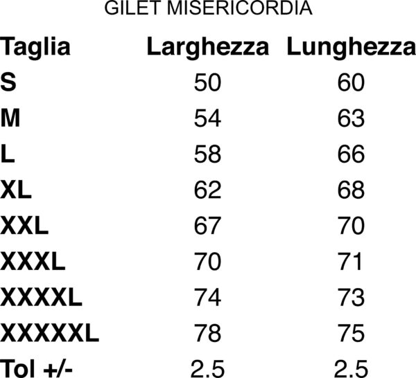 taglie GILET MISERICORDIA